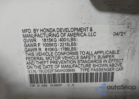 2021 Acura Ilx Standard из США, поврежденный, VIN 19UDE2F34MA008846